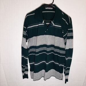 Nautica Competition Polo Shirt Men's L Green Gray Stripe Long Sleeve Vintage